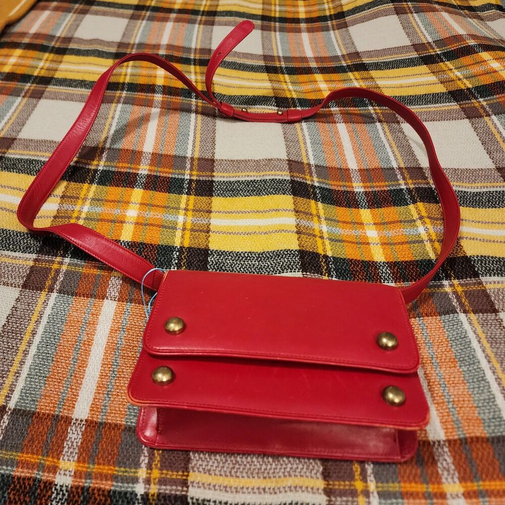 Red Leather Crossbody Shoulder Bag with Brass Accents